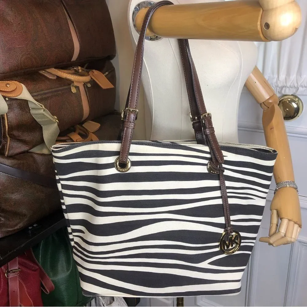 MICHAEL KORS Black Ivory Zebra Striped Shoulder Bag with Brown Leather Handles - Picture 16 of 16